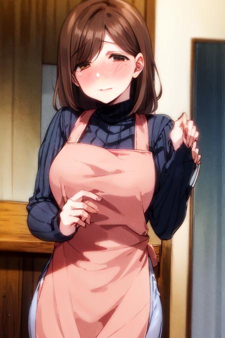 zemimama, 1girl,  apron, embarrassed,      <lora:zemimama-000006:0.8>