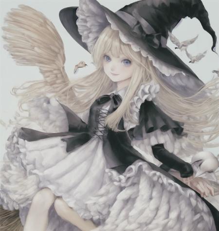 1girl, angel, angel_wings, animal, bird, bird_on_head, blonde_hair, blue_eyes, broom, broom_riding, dove, feathered_wings, flying, frills, hat, long_hair, owl, painting_\(medium\), smile, solo, traditional_media,  white_wings,  witch_hat,<lora:yeqiche-000008:0.7>