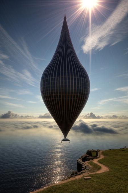 A Floating City in the Sky: Airships, sunlit platforms, and the mystery of a land far below.
