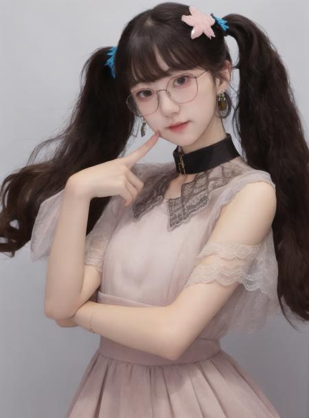 1girl, high quality,  looking at viewer,  grey background, dress, lace trim,see-through, blush, earrings, choker, skin tight,   tight,  twintails, hair ornament, 
 <lora:pzyk_v6:0.68>