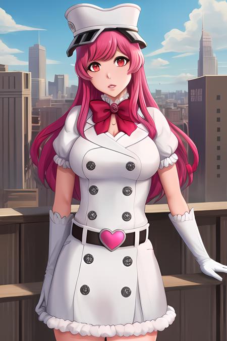 masterpiece, best quality, 1girl, solo, long hair, breasts, red eyes, gloves, hat, bow, pink hair, heart, belt, white gloves, city, cleavage, <lora:meninas-000005:1>, parted lips, skirt