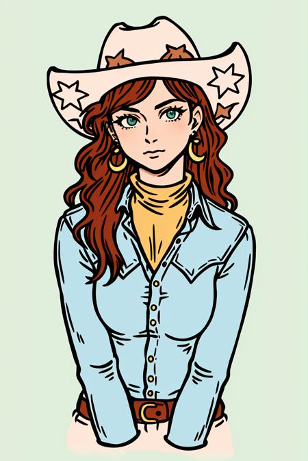 western illustration, masterpiece, best quality, 1girl, aqua eyes, cowboy cap, brown hair, closed mouth, earrings, green background, outdoors, hat, jewelry, looking at viewer, shirt, long hair, simple background, solo, upper body, yellow shirt <lora:western_illustration_offset:1>