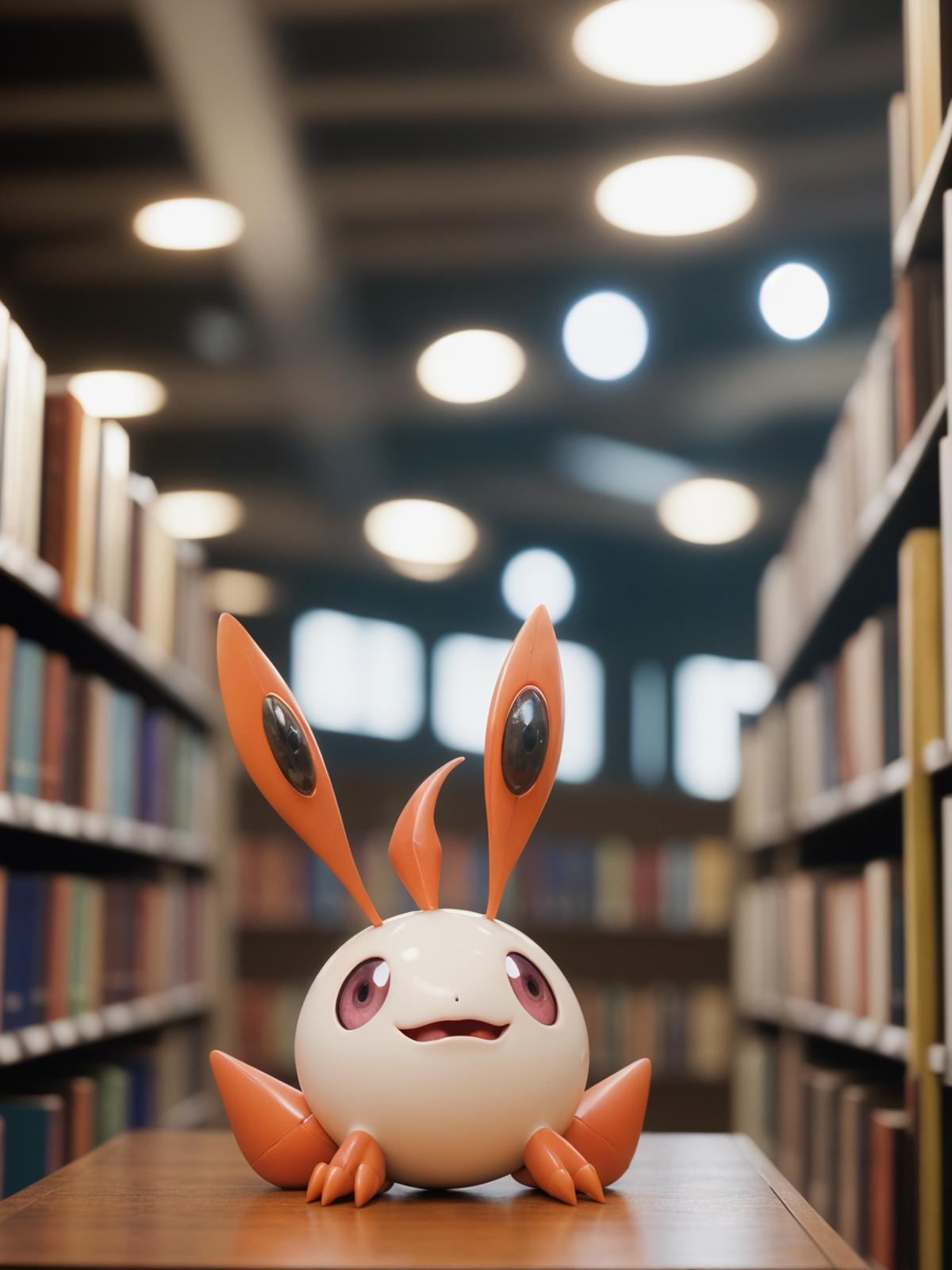 A cartoon character figurine stands in the middle of a library.