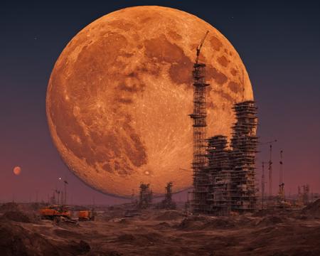 bizarre planet, orange colour, landscape, big moon on the sky, twilight,science-fiction construction at the background
