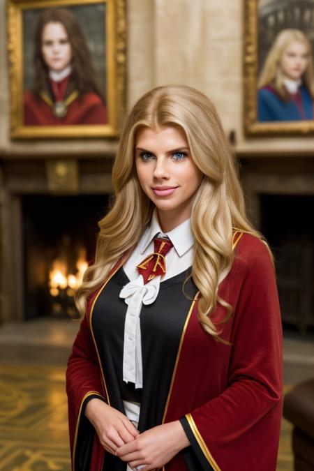 Professional photograph of a wizard woman, (up close portrait) she's 28 years old, she's <lora:charlottemckinney:1> charlottemckinney, she is wearing a black wizard's robe, hogwarts style. Shes' got blonde hair combed to the sides. She's nerdy. She's smiling at the viewer, standing in (Hogwarts) - beautiful common room, it's a large living room with wood furniture, a fireplace, paintings on the walls, and red velvet carpet on the ground. (She's wearing a dark robe with a white shirt) she's wearing a (striped red and gold tie). She's tall and pretty, freckled, and has a toothy smile. Looks like a nerd. 8k, masterpiece, highest quality, fantasy genre. (She's from Gryffindor.) harry potter genre. Bokeh, contrasting colours, warm lighting, British school scene, highest quality