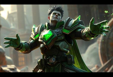 Stardust Assault Warrior, dynamic action pose, Salamangreat Sanctuary, green armor, outstretched arms, head tilted, lifelike details, super detailed face, captivating lighting, splash ink illustration, Unreal Engine 5, Raphael style, trending on Artstation, CGSociety, golden ratio, octane render, 4k, high-res, contemporary aesthetics, beautiful matte painting, impeccable composition.