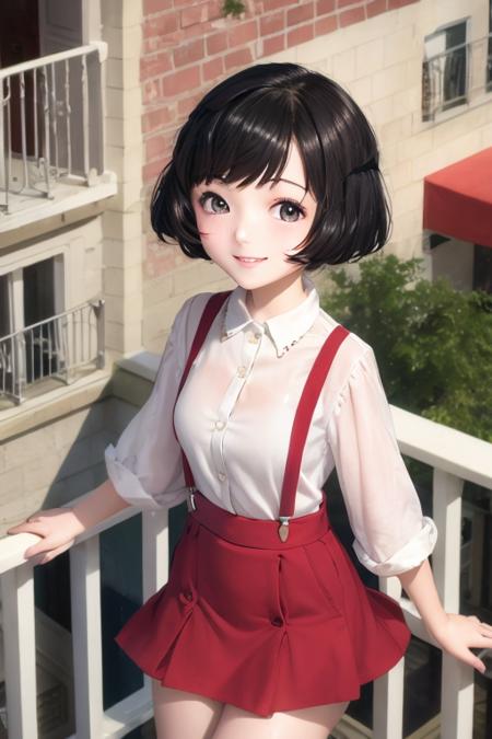 cbmrk, suspenders, black hair, short hair, red skirt, white shirt, smile, balcony <lora:chibi_maruko-000003:1>