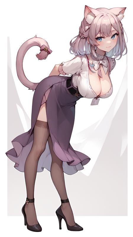 Mitsuki Momo,medium hair,cat ears,blue eyes,white shirt,large breasts,thighhighs,purple skirt,cat tail,bow,high heels,