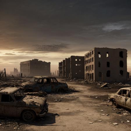A post-apocalyptic wasteland with ruined buildings, desolate landscapes, and survivors. Your artwork should reflect the struggle and resilience of humanity in the face of adversity.