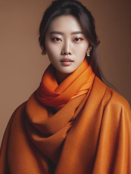 <lyco:ZhangJingna:1.0> an asian very beautiful girl in an orangy scarf, in the style of zhang jingna, soft-focus technique, dark orange and bronze, hallyu, associated press photo, heian period, i can't believe how beautiful this is