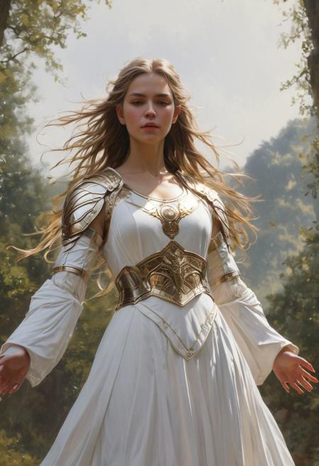 Front view, Low angle, full shot of a Valkyrie, perfect hands, angel wings, long hair, white old Minimum dress, golden steel armour, flying pose, hieratic, imposing, melancholic, at day, wind, top light, masterful painting in the style of Anders Zorn | Marco Mazzoni | Yuri Ivanovich, Todd McFarlane, oil on canvas