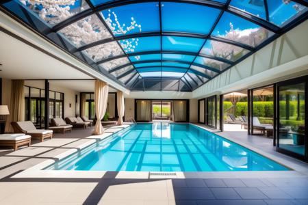 <lora:JJsSwimingpool_v2:.7>,  ((swiming pool)), interior, no humans, scenery, tree, window, water, sunlight , RAW photo,Masterpiece, high quality, best quality, authentic, ,windows , dslr, soft lighting, high quality, film grain, Fujifilm XT3 ,ceiling light, tile floor, water, blue blue sky, palm tree, curvy wall, hotel, pool, bench, chair ,building, tree, cherry blossoms, spa, bikinni, multiple girls, window, curtains, dramatic lighting, <lora:add_detail:.8>