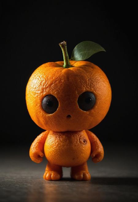 a little humanoid being in the shape of a orange, orange fruit, cute, desaturated, vibrant colors, dramatic lighting, soothing tones, depth of field, dramatic backlighting, film grain,