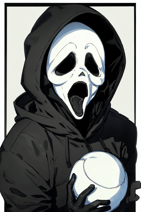 Ghostface Baller, solo, open mouth, simple background, gloves, 1boy, male focus, black gloves, hood, mask, hood up, black border<lora:Ghostface:0.75>