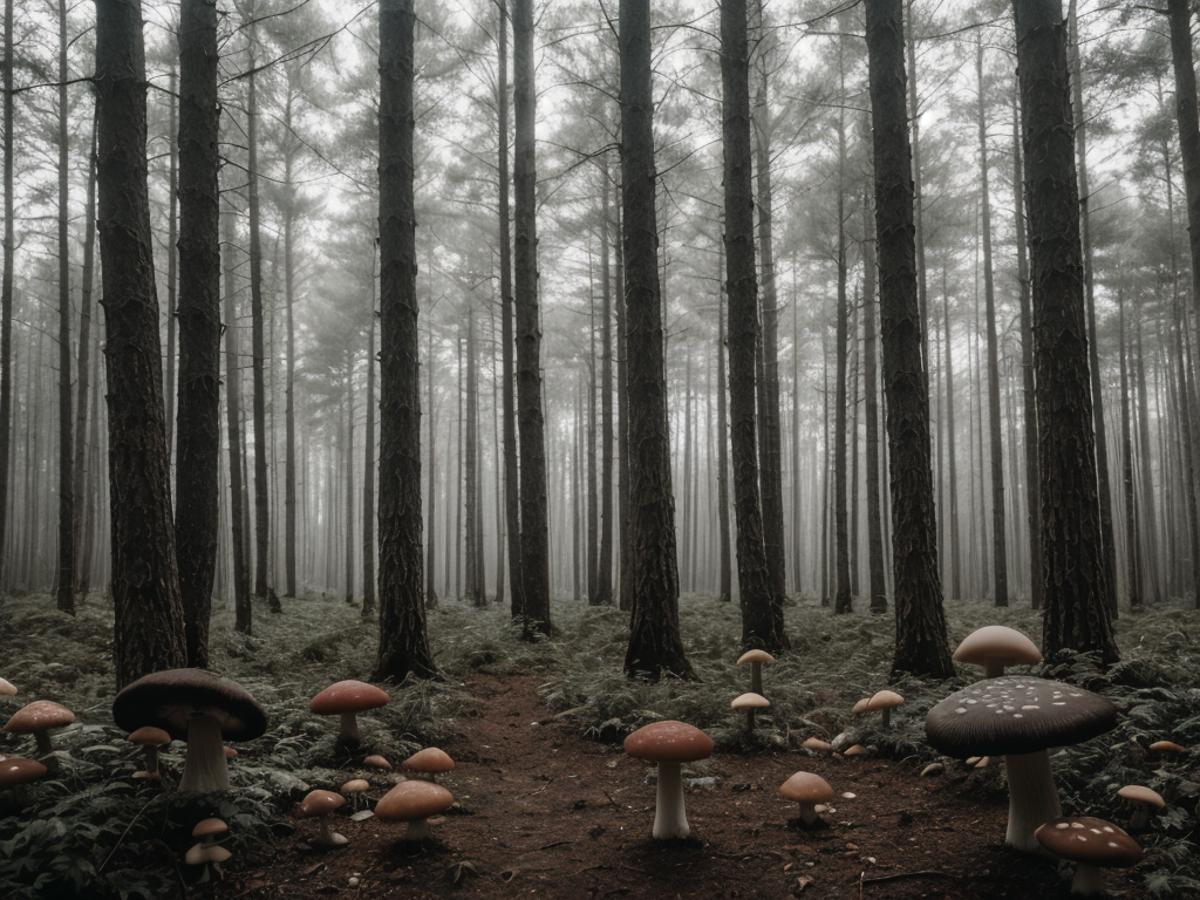 A forest filled with mushrooms and trees on a foggy day.