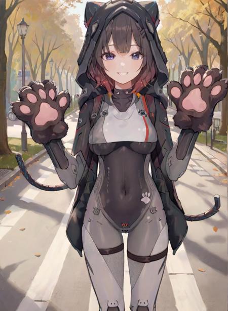 (1girl:1.5),(solo:1.2),masterpiece,best quality,highly detailed,photo realistic,
nice hands,perfect hands,walking on street,(slight smile:1.2),(park background),white cat paw gloves,(waving at viewer:1.3),<lora:CatPawGlovesXL:0.8>,black bodysuit,hood,covered navel,<lora:LyraLoraXL:0.9>,