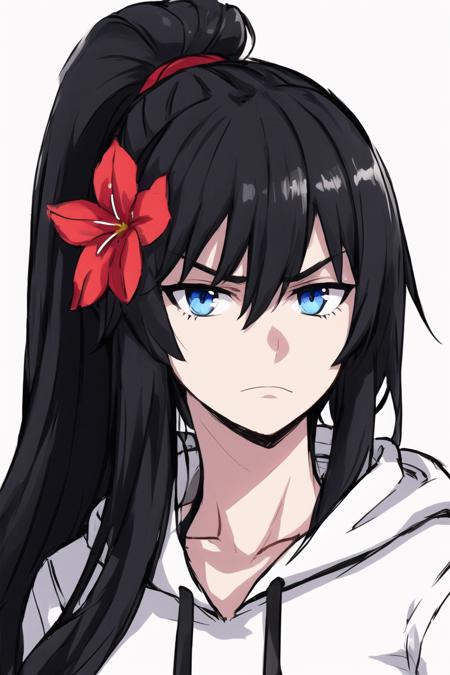 masterpiece, best quality, black hair, bangs, hair between eyes, hair flower, ponytail, long hair, blue eyes, white hoodie, frown, upper body, portrait