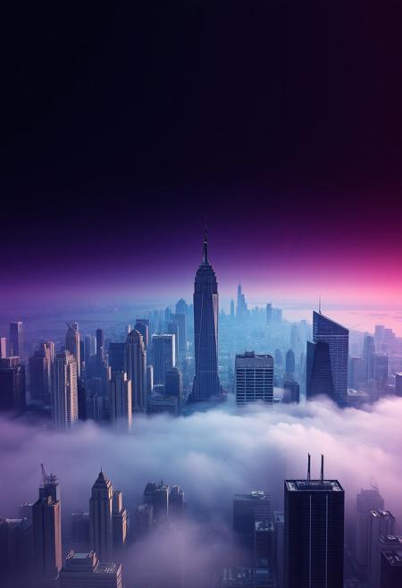 A surreal digital art piece depicting a city skyline where skyscrapers morph into abstract geometric shapes, viewed from an aerial perspective that emphasizes the urban landscape's whimsical and unsettling nature. The horizon transitions between stark black and a vibrant emotional gradient of purples, blues, and pinks, evoking feelings of wonderment and unease while highlighting the intriguing juxtaposition between reality and fantasy in this uniquely crafted image.