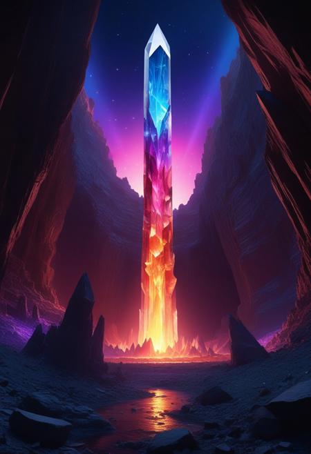 A towering crystalline colossus, its body composed of interlocking rainbow-hued prisms, each facet reflecting entire landscapes within. Glowing veins of molten sapphire energy pulse beneath the surface as it strides through a shattered glass canyon. Ethereal light refracts from its form, creating a halo of shifting spectral colors. In the distance, floating crystal obelisks orbit a shattered moon, casting radiant beams across the alien horizon. Ultra-HD, hyper-detailed reflections, cinematic fantasy composition, dramatic lighting. cs-cr1stal-v2