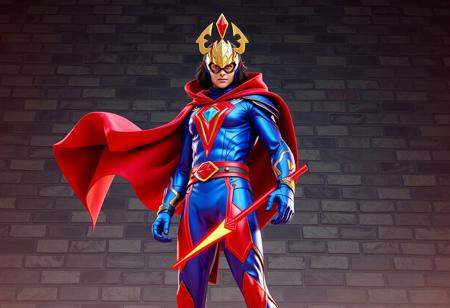 Elemental HERO Electrum superhero, vibrant blue/red suit, flowing red cape, gold emblem helmet, holding red staff, stands before a textured brick wall. Dynamic pose, creative low angle perspective, dramatic volumetric lighting, cinematic atmosphere. High-res 4K, Octane Render, Unreal Engine 5, beautiful matte painting, splash ink illustration. Lifelike details, sharp lines, stunning harmonious multi-colors, impeccable composition, golden ratio. CGSociety, trending on ArtstationHQ.