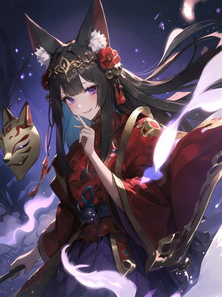 masterpiece,best quality,highres,cinematic lighting,dramatic angle,1girl,animal ears,hair ornament,<lora:ShadowverseGinsetsuV3-1-000014:0.8:lbw=1,0.8,0.1,1,1,0.2,0.2,1,1,1,1,1,1,1,1,1,1>,japanese clothes,purple skirt,red dress,clothing cutout,wide sleeeves,(holding mask,mask on hand:1.2),mask,hand on own cheek,tails,looking at viewer,evil smile,glowing eyes,head tilt,:d,fangs,black hair,purple eyes,animals,fox,purple fire,blue fire,red moon,night,portrait,from below,magic,will-o'-the-wisp \(mythology\),