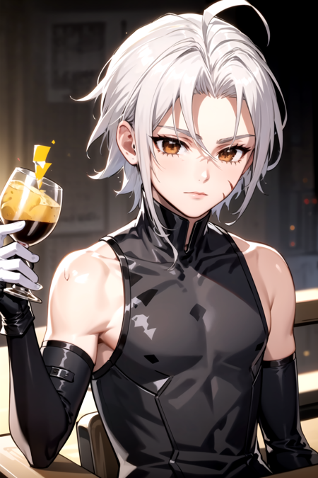 <lora:ZekeTOF-09:0.7> ,zeketof, 1boy, solo, male focus, brown eyes, white hair,  short hair, shirt, gloves, holding, sitting, upper body, ahoge, grey hair, sleeveless, black gloves, elbow gloves, chibi, cup, scar, holding cup, scar on face, alcohol, drinking glass, , wine glass