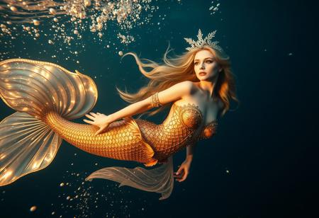 Mystical ethereal siren mermaid swimming deep in the ocean abyss surrounded by elements of gold silver and (iridescent) colors. Beneath her are small diamonds and pearls captivating masterpiece whimsical depth, photography, underwater, hyper realistic, ultra detailed