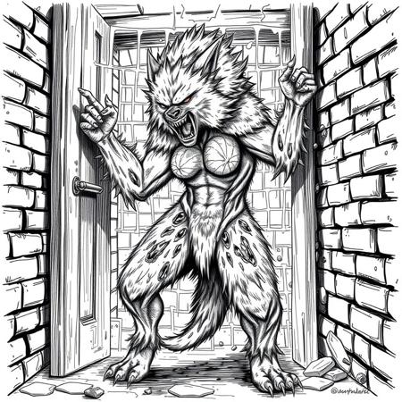 Female animal, covered with fur, anthro furry hyena slams door open, view from other side, berserk mode, in dungeon, brick walls, severe burns all over body, burned fur, in rage, in pain, foam on mouth, line art sketch