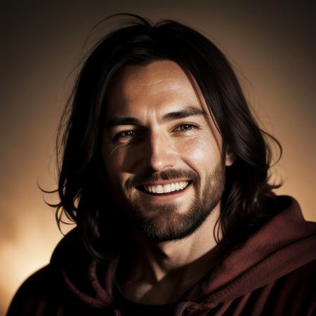 1 man, Jesus Christ in a robe, laughing at camera, big kind eyes, post apocalyptic, dystopian world, full body, faint halo around head, realistic, 8k, ultra-detailed, illustration, dynamic angle, masterpiece, best quality, perfect faces, perfect eyes,