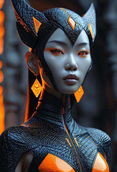A photograph captures a futuristic, alien-esque Asian female figure, characterized by textured gray skin, glowing orange eyes, and sharp pointed ears. Her head showcases a striking geometric pattern in orange and black hues. Her hair, a vibrant purple, is meticulously styled in a sleek, futuristic manner. Clad in attire with complementary shades of orange and black, she accessorizes with neon green earrings and other embellishments. The backdrop presents blurry structures, possibly alluding to ancient architecture or artifacts. The image embodies serene yet intense expressions, fashion, vibrant colors, conceptual art, dark fantasy, and portrait photography elements.