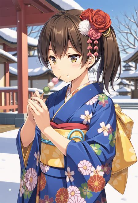 1girl, kaga \(kancolle\), kantai collection, ((yuzu modoki)), blue kimono, print kimono, floral print, long sleeves, wide sleeves, eating, sanshoku dango, holding dango, furisode, obi, yellow bow, hair ornament, hair flower, side ponytail, brown eyes, brown hair, yellow sleeves, outdoors, day, natural lighting,  (masterpiece, best quality), outdoors, detailed scenery, winter, snow, (3d render:0.4), highly detailed, finely detailed <lora:kaga_ny_animaginexl_2-14:0.7>