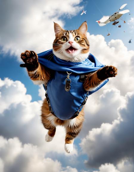 A cat is flying in the clouds,It is holding a parachute and smiling,realistic,animal focus,animal,blurry,fantasy,aerial,dynamic_angle,looking_at_viewer,eye-contact,depth of field,motion_blur,natural light,business poster,KeyVision,reality,photo_(medium),