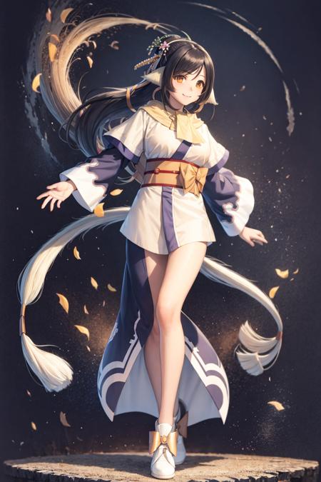 masterpiece, best quality,kuon ( utawarerumono), 1girl, solo, long hair, ainu clothes, animal ears,(kimono:1.2) ,smile, tail, low-tied long hair, black hair, full body, hair ornament, looking at viewer, brown eyes, sash,(kbxll:0.5)