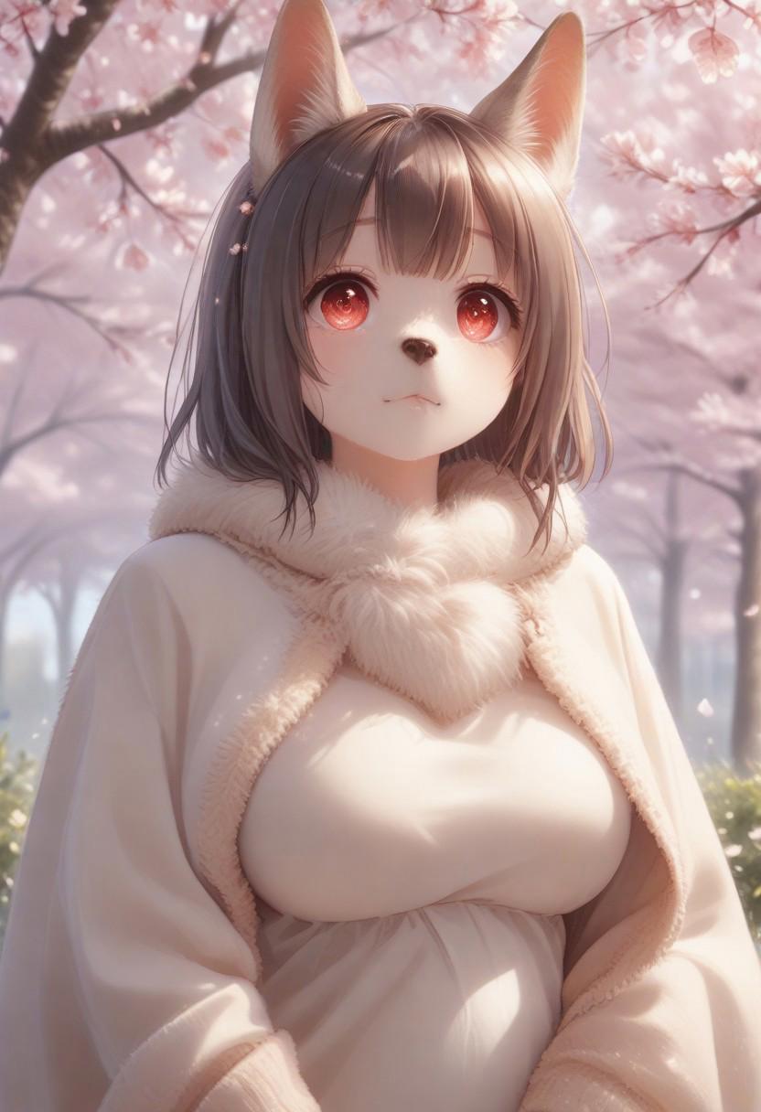 score_9, score_8_up, score_7_up, Aya_P, scenery, source_furry, (big breasts:0.5). (mature woman:1.1), fur skin, fur animal, furry, furry Dog, white and gray fur, white belly, red eyes, Dog ears, long ears Dog, (detailed eyes, Eyes in high definition, eyes with a lot of detail), (split eyes) ,(best quality:1.4), Round eyes, anime eyes