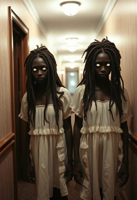 a photograph of two creepy brown skinned adult women twins with a blank facial expressions with glowing white eyes, wearing vintage dirty white babydoll dresses, wild long dreadlocks that completely cover their face, they are standing at the far end of a long hotel corridor, analog photo, Sony - Cinema Line FX30 Super 35 Camera, inspired by The Shining by Stanley Kubrick.