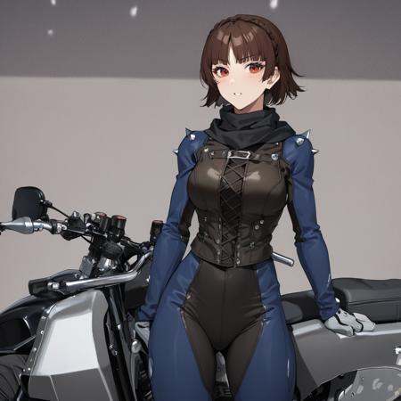 1girl, Niijima Makoto, wearing armor standing by a motorcycle, black scarf, masterpiece, latest <lora:makoto_xl_a3-000015:1>