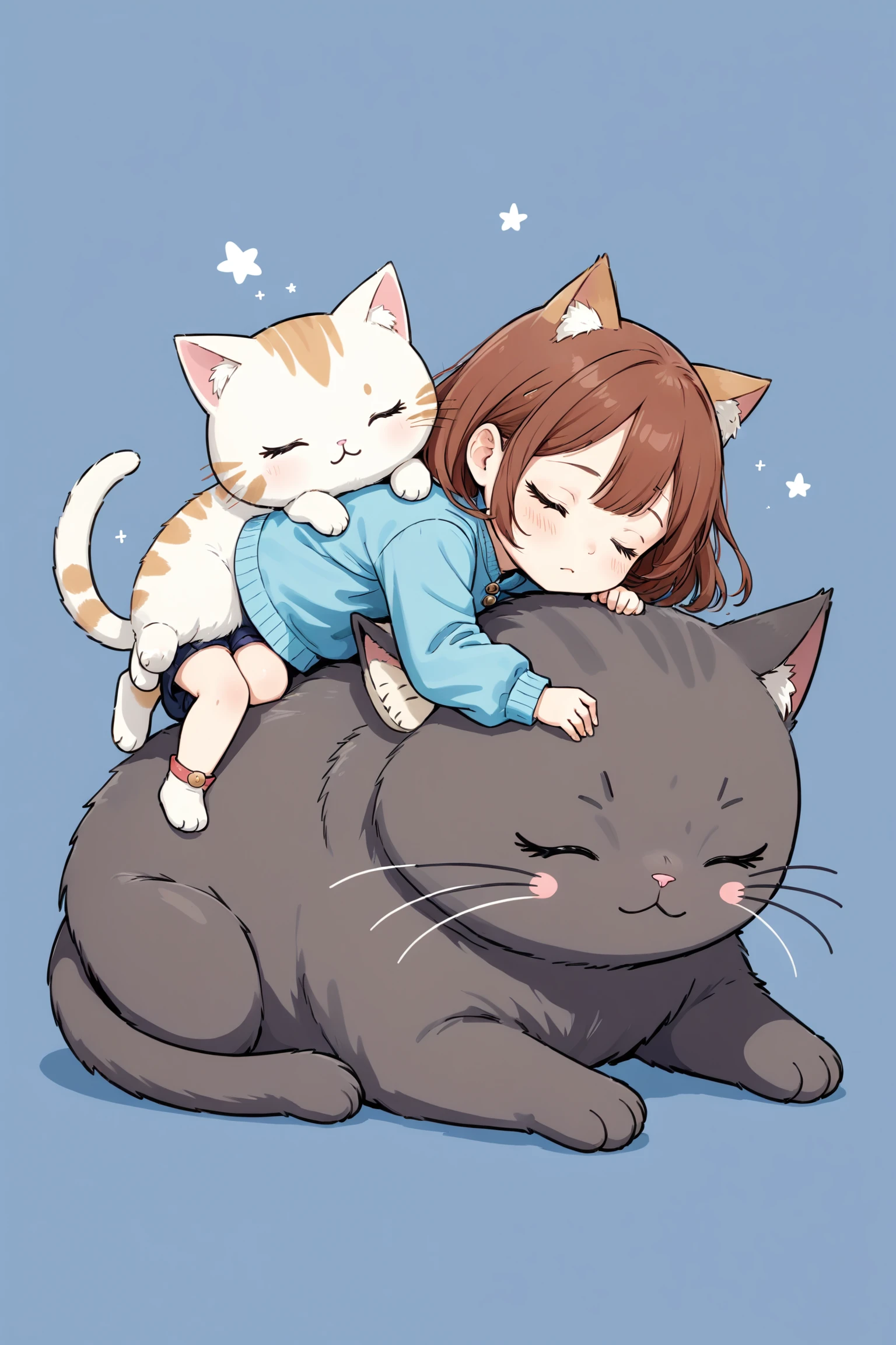 flat color, chibi, girl on cat on giant cat, sleeping, simple background