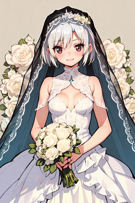 solo, 1girl, sheer, (wedding dress with flowers:1.1), looking at viewer,  grey eyes, white hair, multicolored hair, wedge cut, seductive smile, blush, small breasts, frills, bridal veil, beige gemstone, upper body, dim light, floral background <lora:saitom_style_v03:1>