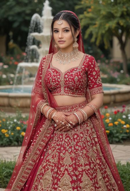 stunningly beautiful, perfect face, wearing Indian Lehnga, posing in a beautiful garden, flowers, fountain, 
intricate details, ultra-realistic, high saturation, cinematic light, 35mm raw photo, professional photography, 8K, 4k, high quality, background blur,