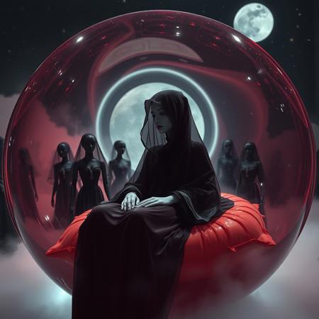 princess , enveloped in a thin, translucent slime hooded cloak,  laying in a  hole inside silme glossy silme pillow, inside sumptuous, giant transparent  wet-look round  jelly sphere, filled with a glossy  dark red slime and eerie fog, surrounded by beautiful black fermale mannequins wearing black fantasy princess-style wedding gowns, veils, juwels,  ambient light,  weird alien harem, giant  portal to space at background, moon, stars