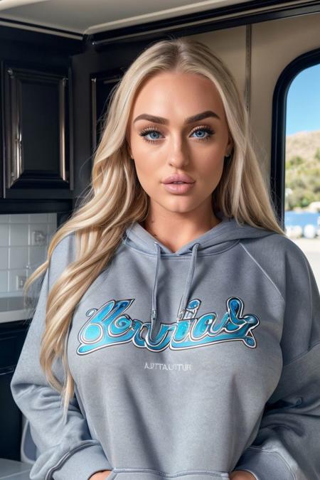 photo of S134_TiaunaRiley, a stunning woman, in a (caravan:1.2), wearing a (sweatshirt:1.2), (8k, RAW photo, best quality, depth of field, ultra high res:1.2), (absurdres, intricate, photorealistic, masterpiece, ultra-detailed:1.3)