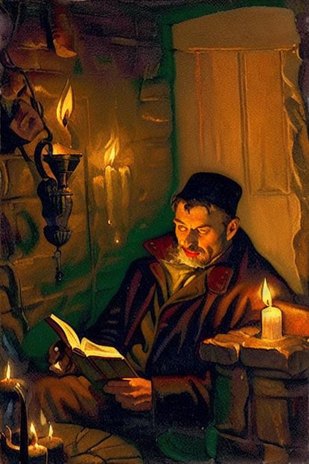 sd-pulp of a man reading a book in a dark basement, candlelight, dime mysteries, cover art, illustration