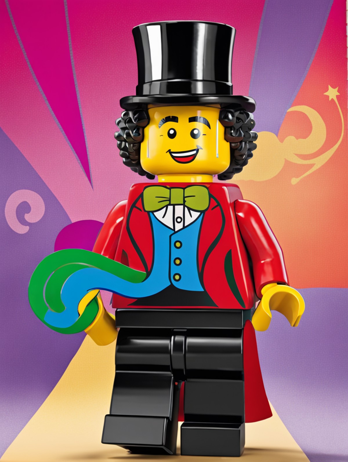 <lora:Lego_XL_v2.1:0.8>
LEGO MiniFig. 
A man with curly hair and a whimsical expression wears a velvet top hat and red coa...