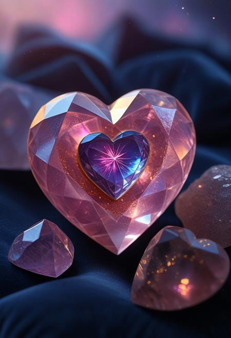 A heart-shaped soul gem resting on a soft velvet cushion, glowing softly with a warm ethereal light. The gemstone is deep pastel pink with swirling iridescent reflections of gold, lavender, and sky blue. Tiny, delicate magical runes are engraved around its golden frame, shimmering subtly in the ambient glow. The surface of the gem is ultra-detailed, with intricate crystalline facets and a slightly translucent core that seems to hold a floating, dreamy galaxy within. A soft bokeh background with tiny sparkling dust particles creates a cozy, enchanting atmosphere. Warm, cinematic lighting, ultra-realistic textures, 8K, masterpiece, trending on ArtStation, octane render, photorealistic, hyper-detailed. rp_slgd