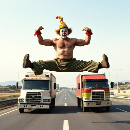 kungfu action movie from the 80s, the hero is an ex special forces clown, the hero has a full face clown makeup complete with a silly hat and foam red nose, he is shirtless displaying his muscular hairy masculine torso, he wears military pants and oversized clown shoes, the hero is doing a split between two moving trucks on the highway, each of his feet on top of a truck's cabin, he is flexing his arms like a body builder showing his strong arm biceps