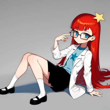 ((masterpiece, best quality)),(complex lighting), solo, full body, 1girl, Susan test, labcoat, blue eyes, glasses, red hair, long hair,<lora:susanTest1-10:0.8>,pastel blue shirt, star-shaped hair clip,white socks, black skirt, Mary Jane shoes, square glasses