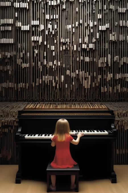 <lora:Ryoji Ikeda Style:1>Ryoji Ikeda Style - A little girl plays the piano surrounded by keys, extending to infinity,Photo in the style of Andreas Gursky