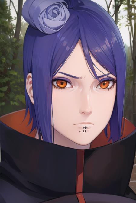 konan, <lora:konanv2-lora-nochekaiser:0.75>, <lyco:konanv2-lyco-nochekaiser:0.75>,
konan, short hair, hair ornament, blue hair, flower, hair flower, (orange eyes:1.5), (labret piercing:1.2), eyeshadow,
BREAK coat, cloak, black coat, black cloak, (akatsuki uniform:1.5), akatsuki \(naruto\), (akatsuki uniform:1.5),
BREAK outdoors, forest, nature, sky, cloud, sun,
BREAK looking at viewer, (cowboy shot:1.5),
BREAK <lyco:GoodHands-beta2:1>, (masterpiece:1.2), best quality, high resolution, unity 8k wallpaper, (illustration:0.8), (beautiful detailed eyes:1.6), extremely detailed face, perfect lighting, extremely detailed CG, (perfect hands, perfect anatomy),