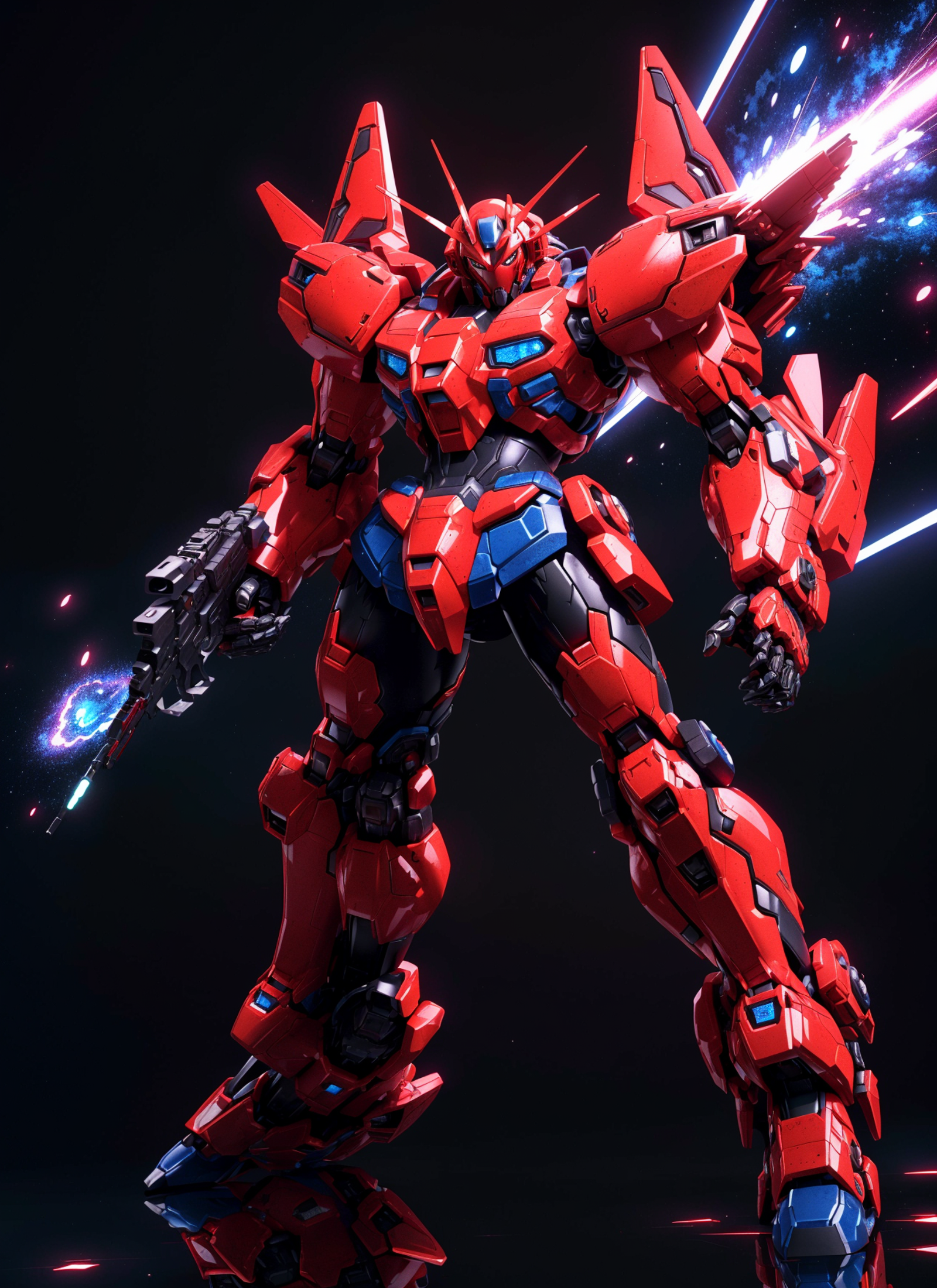 A red, black, and blue robot with a gun.