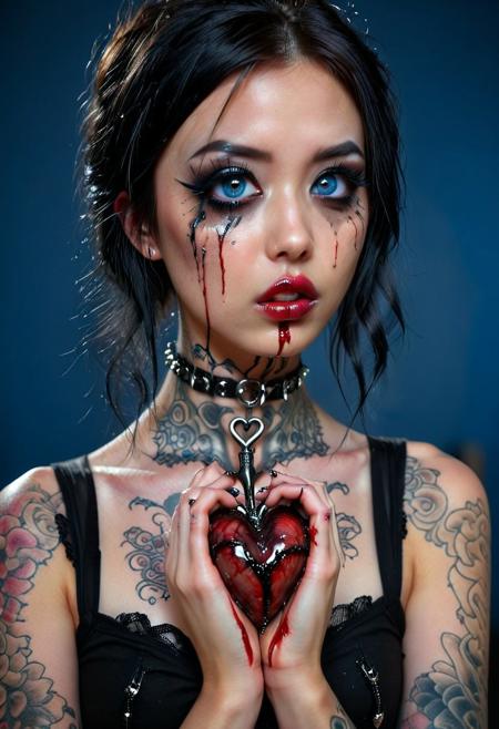 sinfully stylish, dramatic lighting, shadows, soft light, goth, dyamic pose, sexy, asian, mascara, makeup, goth, skinny, 18 years old, 1girl, looking at camera/viewer, gorgeous, holding a bleeding heart in hands, detailed, beautiful, arm tattoo, neck tattoo, face tattoo, hand tattoo, pretty, emo punk t shirt, emo hair, tears, blue eyes, perfect eyes, abstract background, ruined makeup, broken expression, volumetric lighting, realistic, fashion photography, depth of field, highly detailed, masterpiece, dramatic cinematic lighting, unforgettable, very intricate, high detail. photorealistic detail, ultra-realism , realistic, ultra detailed ,octane render, raw photo, photorealistic, extremely detailed, realistic, photography, Photography,